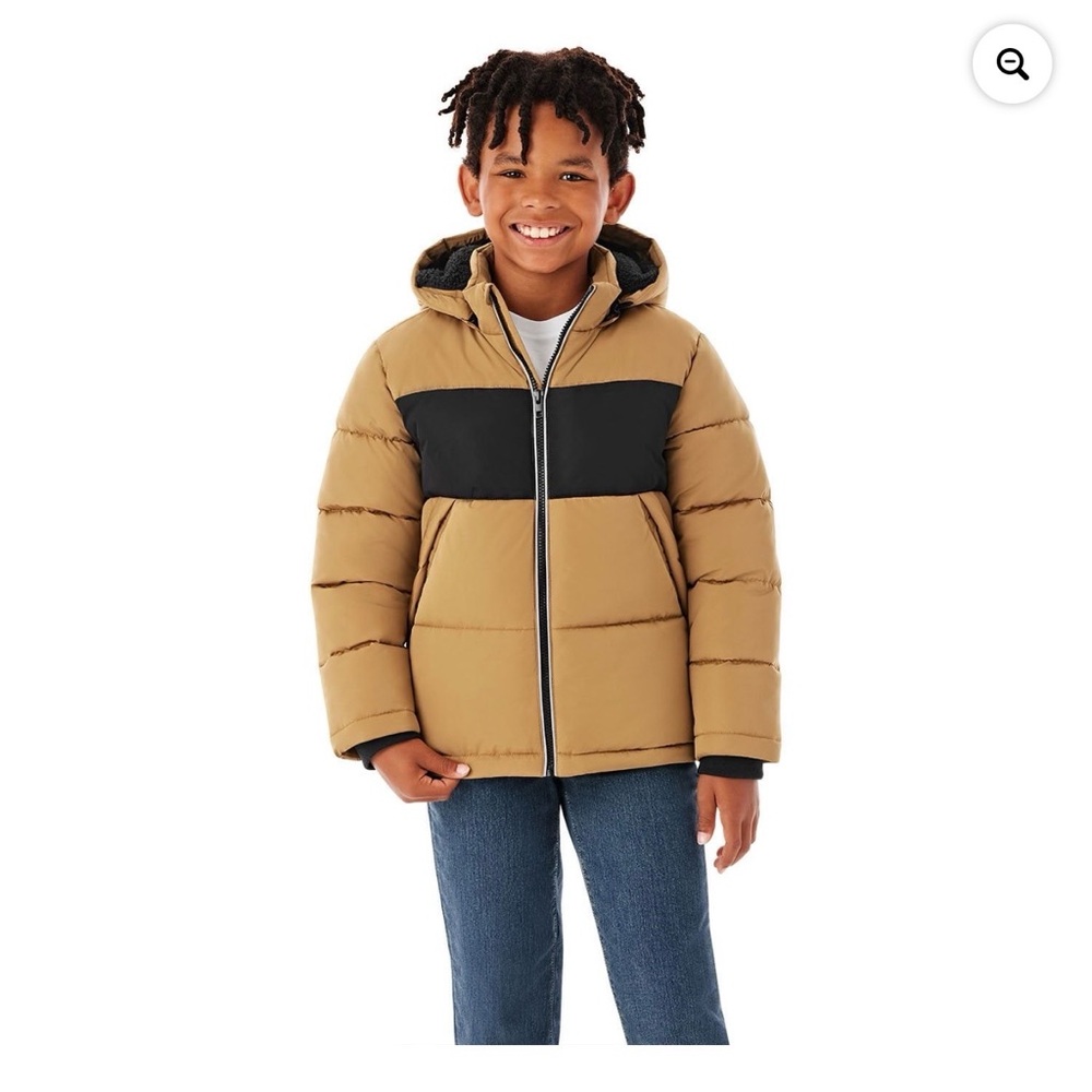 Tan and Black Hooded Puffer Jacket